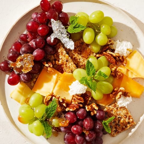 A beautiful Sparkling Grape and Silver Cracker Platter with honey-drizzled goat cheese and colorful grapes.