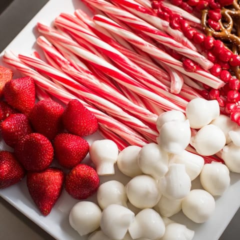 A visually appealing Sweet Board, featuring fresh strawberries beside festive red and white sweets.