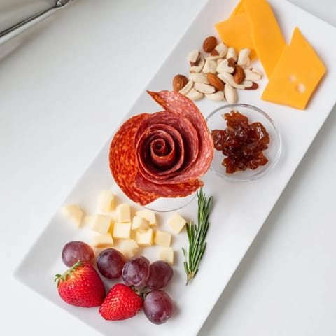 This Easy Charcuterie board showcases a stunning salami rose alongside creamy brie and crunchy almonds.