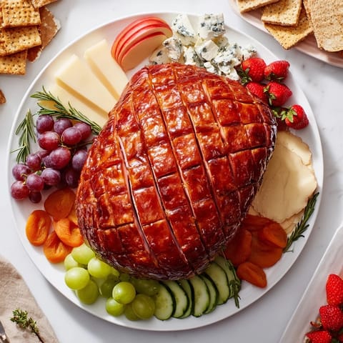 A close-up shot of the glazed ham centerpiece, surrounded by vibrant fruits and assorted cheese.