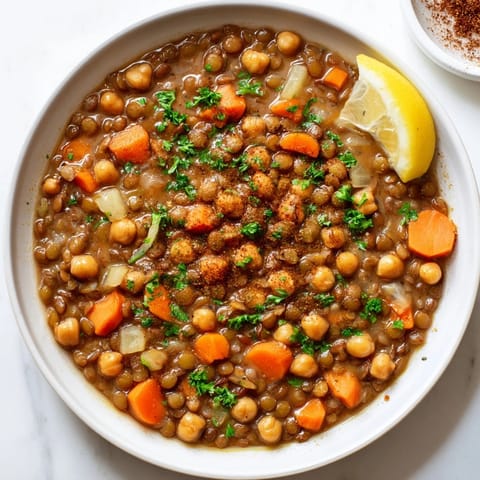 Vibrant Middle Eastern lentil and chickpea stew, a vegan and gluten-free recipe, ready to be served.