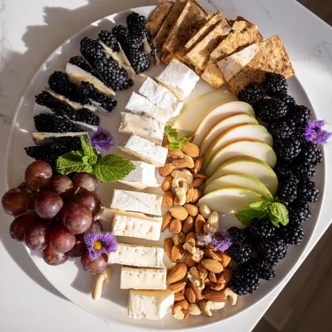 Vibrant Yin-Yang Balance appetizer: creamy goat cheese and aged blue cheese separated by blackberries.