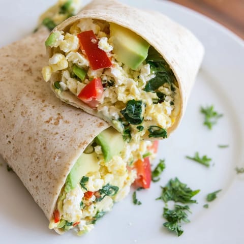 A close-up of a flavorful feta egg wrap, overflowing with creamy cheeses and vegetables.