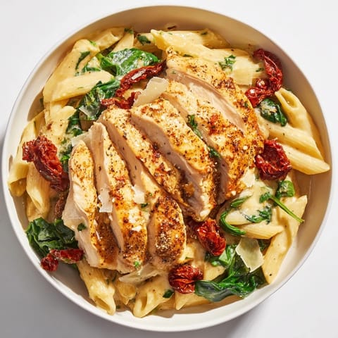 Sizzling skillet of Creamy Tuscan Chicken Pasta, showcasing sliced chicken and vibrant spinach.