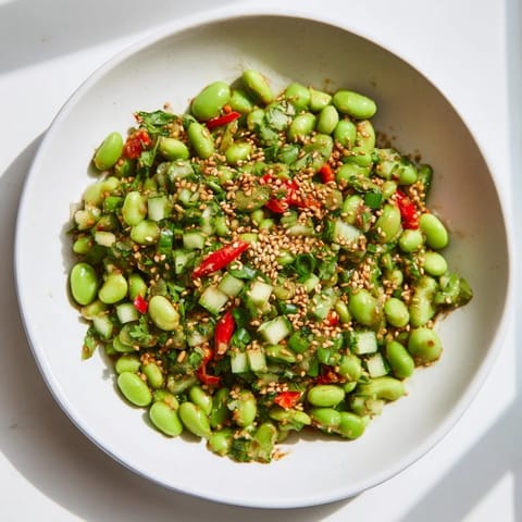 Chilled edamame salad bursting with fresh vegetables, perfect as a light, flavorful side.