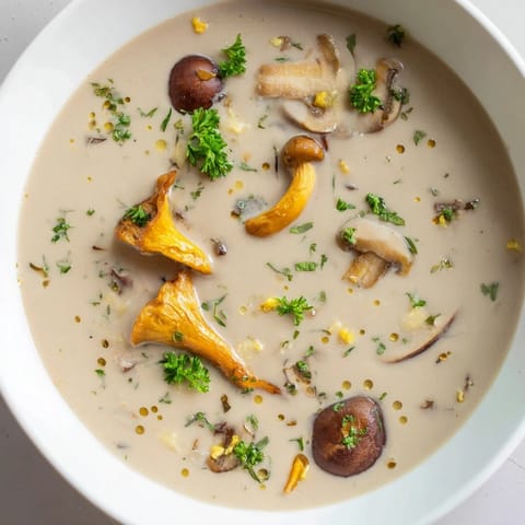 Silky creamy mushroom bisque, perfect for a cozy evening, with a swirl of cream.