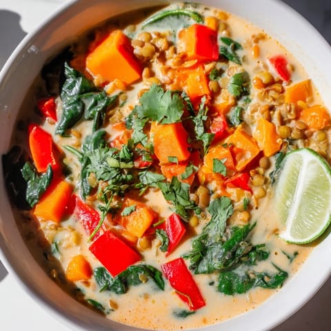 Creamy, flavorful Lentil Red Curry Soup: a vegan delight with tender lentils and rich coconut milk.