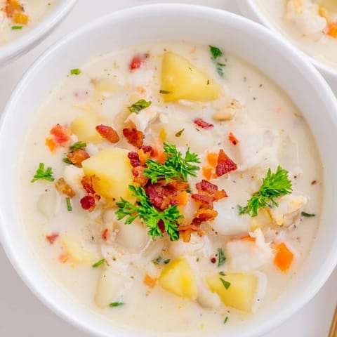Close-up view of a hearty New England Clam Chowder, filled with tender clams and potatoes.