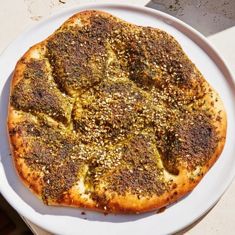 A close-up of crispy Levantine Zaatar Bread, sprinkled with zaatar and sesame, perfect for sharing and dipping.