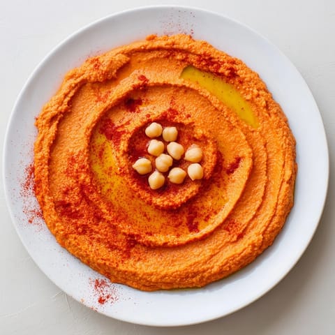 Smooth roasted red pepper hummus served with pita bread, carrots, and cucumbers for dipping.  