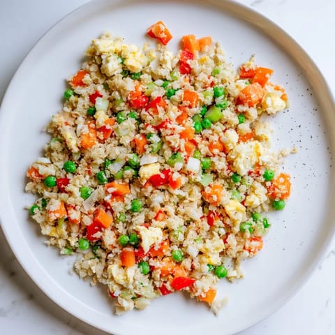 Steaming skillet of cauliflower fried rice mixed with red bell pepper and ginger, served for a low-carb dinner.  