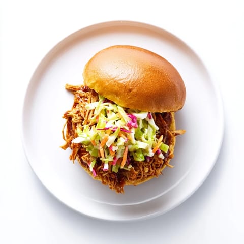 A close-up of tender shredded chicken smothered in rich barbecue sauce, nestled in a soft bun with creamy slaw.