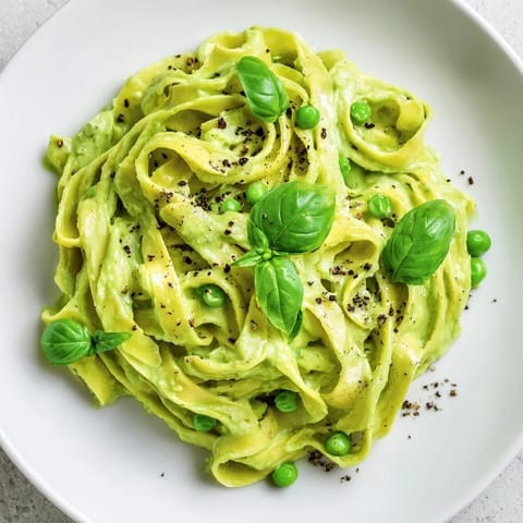 Creamy Green Pea Alfredo served on a white plate, garnished with fresh basil and extra Parmesan.  