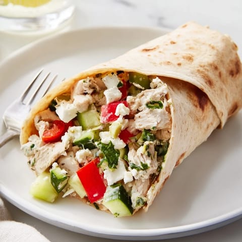 Greek Lemon Chicken Salad Wrap served with a side of tangy tzatziki and a glass of sparkling lemon water.  