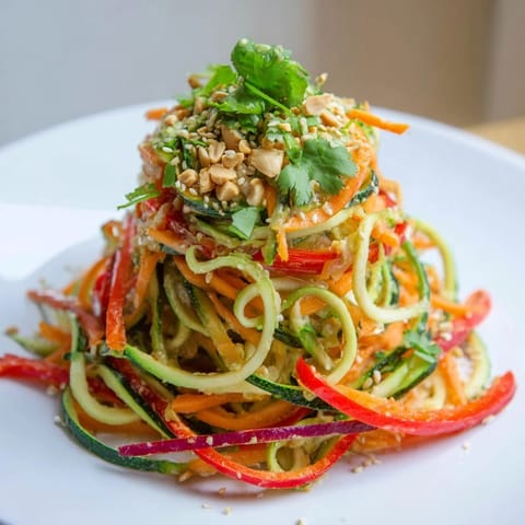 Close-up of vibrant Raw Vegetable Noodle Salad with spiralized zucchini and carrots in a glossy sesame-ginger dressing.  