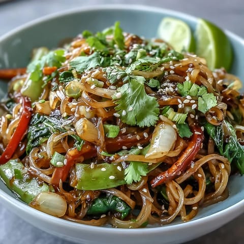 Freshly prepared Kelp Noodle Stir-Fry with colorful vegetables and sesame seeds.