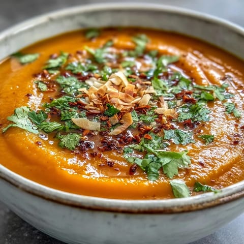 Silky smooth Carrot and Coconut Soup with toasted coconut flakes, fresh cilantro, and a bright lime wedge for garnish.