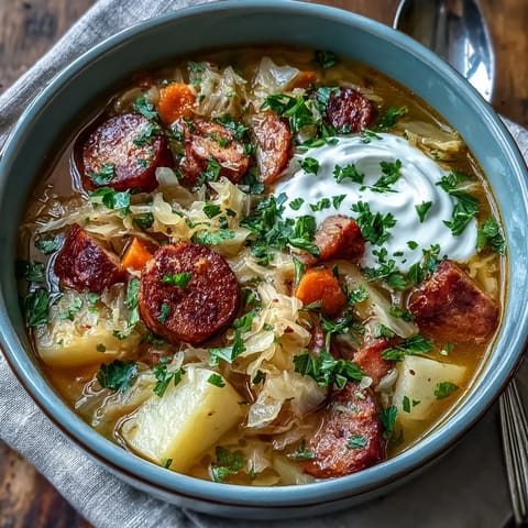 Hearty Sauerkraut Soup with smoky kielbasa, potatoes, and carrots simmering in a rustic pot for a comforting meal.