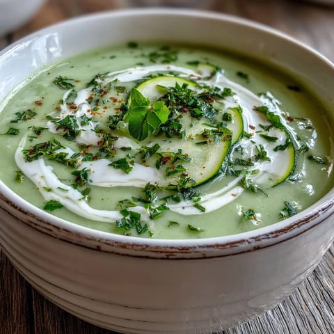 Silky blended Zucchini Soup garnished with basil and parsley, served as a warm starter.