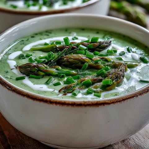 Silky smooth asparagus soup garnished with bright green tips and a drizzle of cream.