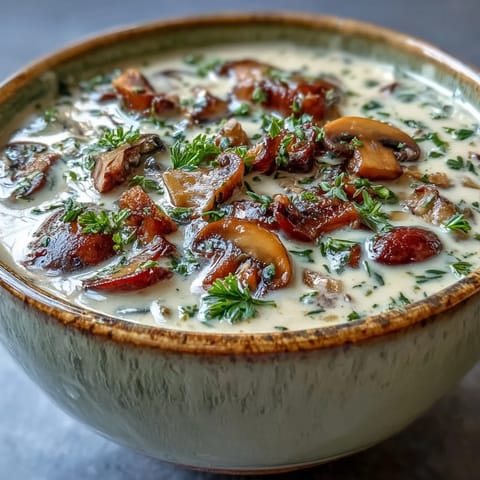 This rich, blended mushroom soup recipe steams warmly, inviting you to enjoy its savory, comforting flavors.