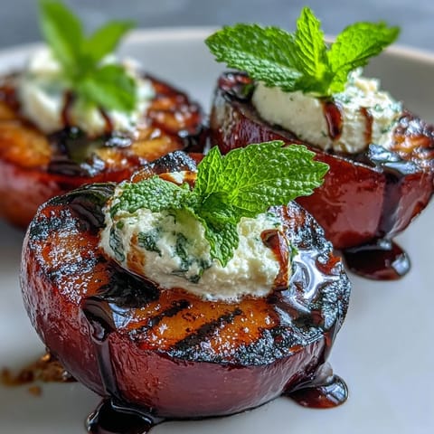 Ripe plum halves topped with soft goat cheese and fresh mint on a wooden board.