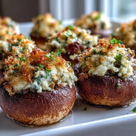 Freshly prepared Stuffed Asiago-Basil Mushrooms showcase golden, crunchy breadcrumb toppings and vibrant basil flecks on appetizer platters, ready for festive party gatherings.
