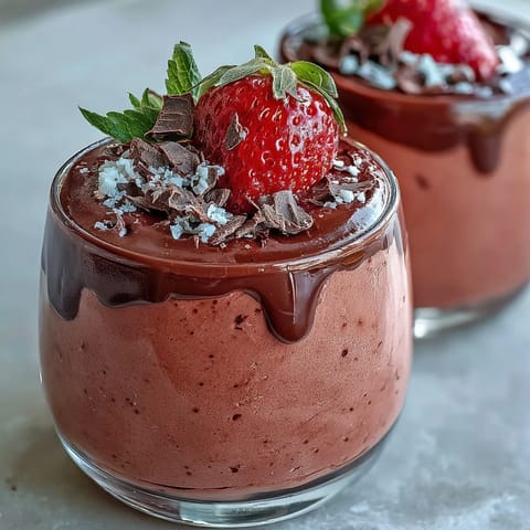 A close-up view of Chocolate-Covered Strawberry Mousse in a glass, topped with shaved chocolate curls and a mint leaf.