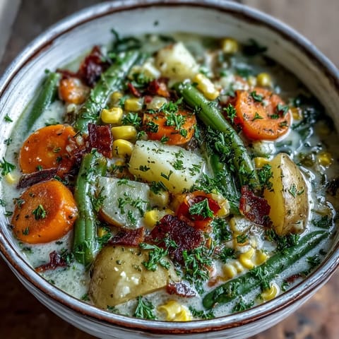 Creamy Amish Snow Day Soup served hot in a rustic bowl, perfect for cold weather comfort.