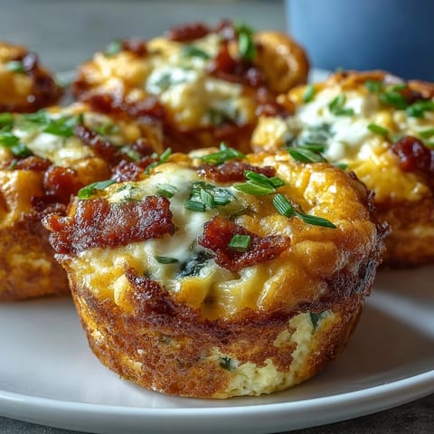A close-up of golden-brown Breakfast Egg Muffins, packed with savory bacon and diced peppers, perfect for a gluten-free breakfast.