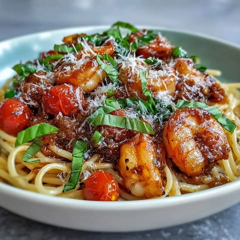 Italian Drunken Noodles feature al dente spaghetti tossed in a rich Chianti tomato sauce with spicy sausage and sweet cherry tomatoes, topped with fresh basil and Parmesan.