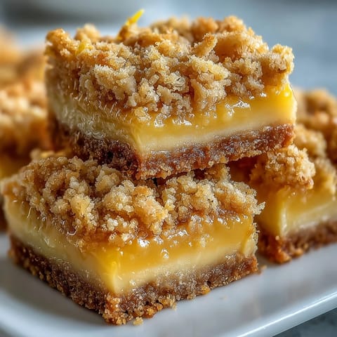 Close-up of Homemade Lemon Crumb Bars showcasing the tender, gooey lemon layer and buttery crumble texture.