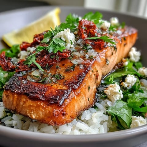 Pan-seared salmon sits atop golden, crispy rice in this Mediterranean Salmon Bowl, garnished with colorful peppers and crumbled feta cheese.