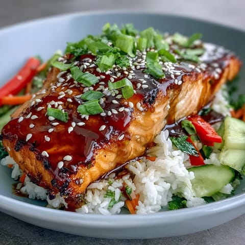 A freshly assembled Asian-Inspired Salmon Bowl featuring vibrant carrots, cucumbers, and edamame alongside tender baked salmon fillets.