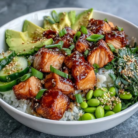 Golden baked salmon cubes glazed with sriracha mayo sit atop fluffy jasmine rice with edamame and avocado slices.