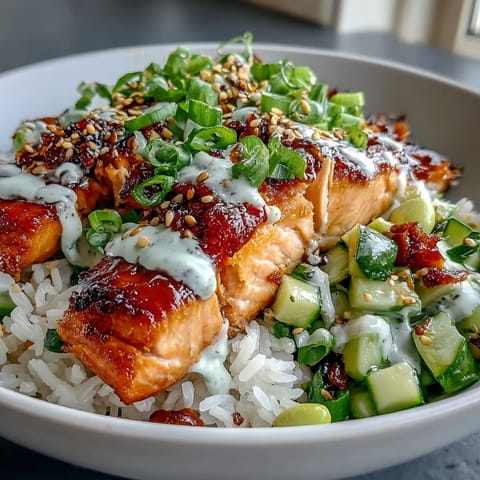 Bright bang bang sauce drizzles over tender salmon atop a hearty rice bowl garnished with lime wedges.