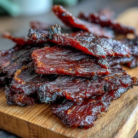 Smoky Black Currant Jerky on a wooden cutting board, showing a sweet and savory dried beef snack.