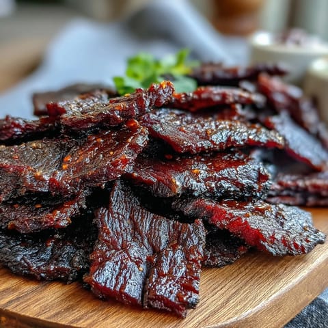 Tangy Black Currant Jerky with a subtle cherry wood smoke, arranged neatly on a rustic serving platter.