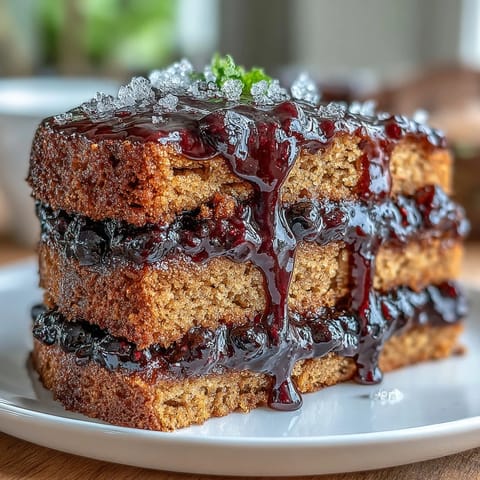 A homemade PB and J Cake With Black Currant Sauce reveals a jammy center and crumbly peanut butter frosting.