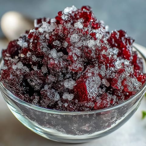 A close-up of a fork lifting a scoop of vibrant Black Currant Granita from a chilled glass.