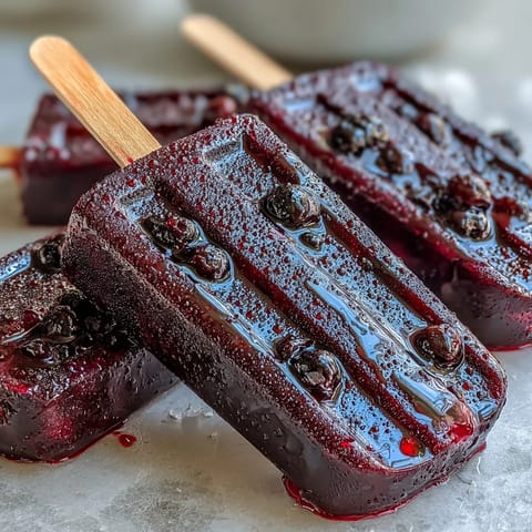 Six vibrant Black Currant Popsicles stand upright in a metal tray, showing off their deep purple hue and frosty texture on a rustic wooden background.