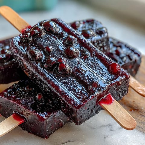 Close-up of homemade Black Currant Popsicles revealing the rich, jam-like consistency of the fruit base and visible blackcurrants nestled inside the ice.