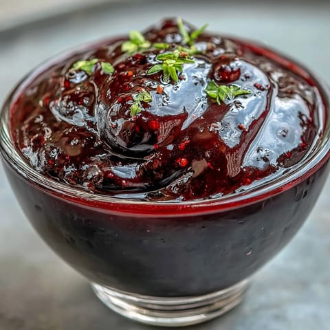 Glossy Black Currant Reduction in a small pitcher, ready to be poured over a plated slice of roast duck.