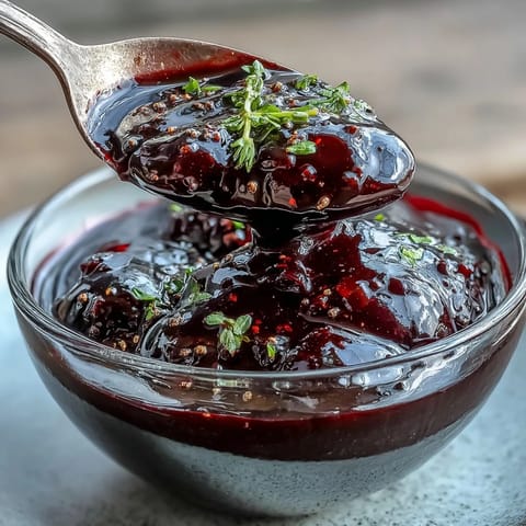 A small glass bowl filled with dark Black Currant Reduction, surrounded by fresh thyme sprigs and whole currants.