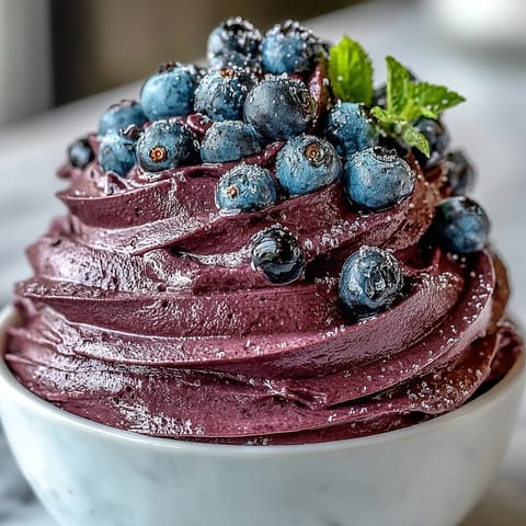 Silky Black Currant Frosting swirled onto a cupcake with fresh berries garnish.
