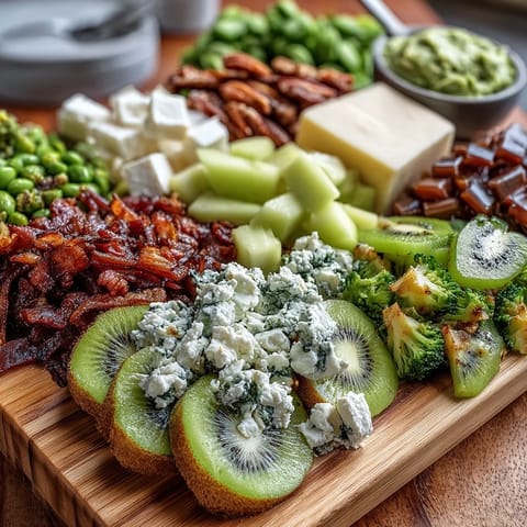 Vibrant green food board featuring honeydew, kiwi, snap peas, guacamole, and Irish cheddar—perfect for St. Patrick's Day.