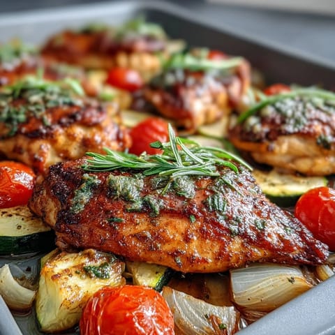 Vibrant spring dinner sheet pan chicken with zucchini and cherry tomatoes, roasted to perfection for a colorful, healthy meal.