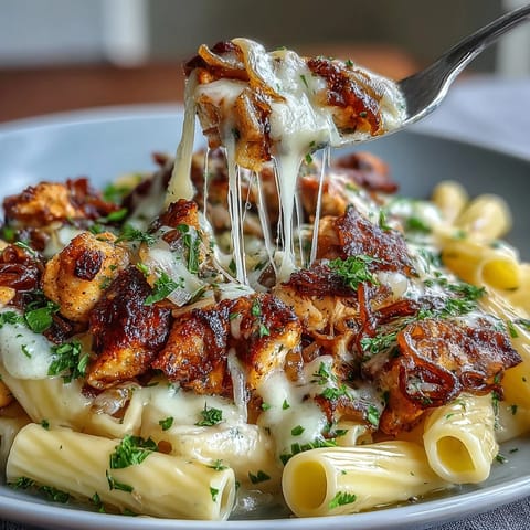 One-Pot French Onion Chicken Pasta with caramelized onions and melted Gruyère cheese, served in a cast-iron skillet.