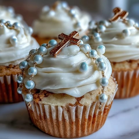 Adorable mini cupcakes with smooth vanilla frosting and fondant rosary toppers, perfect for a First Communion celebration.