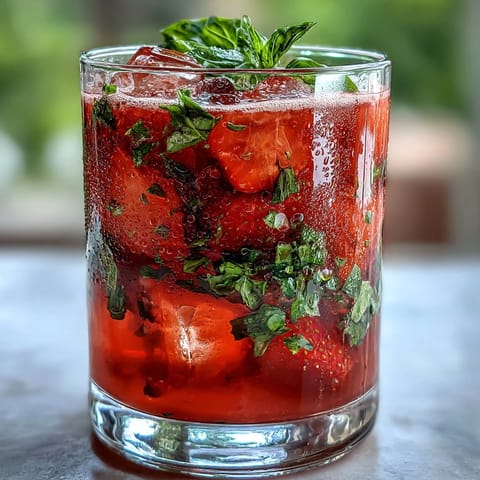 A vibrant pitcher of strawberry basil lemonade mocktail with fresh basil leaves and juicy strawberries.
